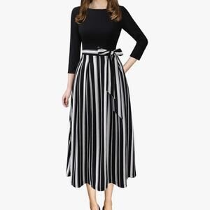 VFSHOW Pleated Striped A-Line Skirt Modest 3/4 Sleeve Midi Dress w/ Bow Size XL